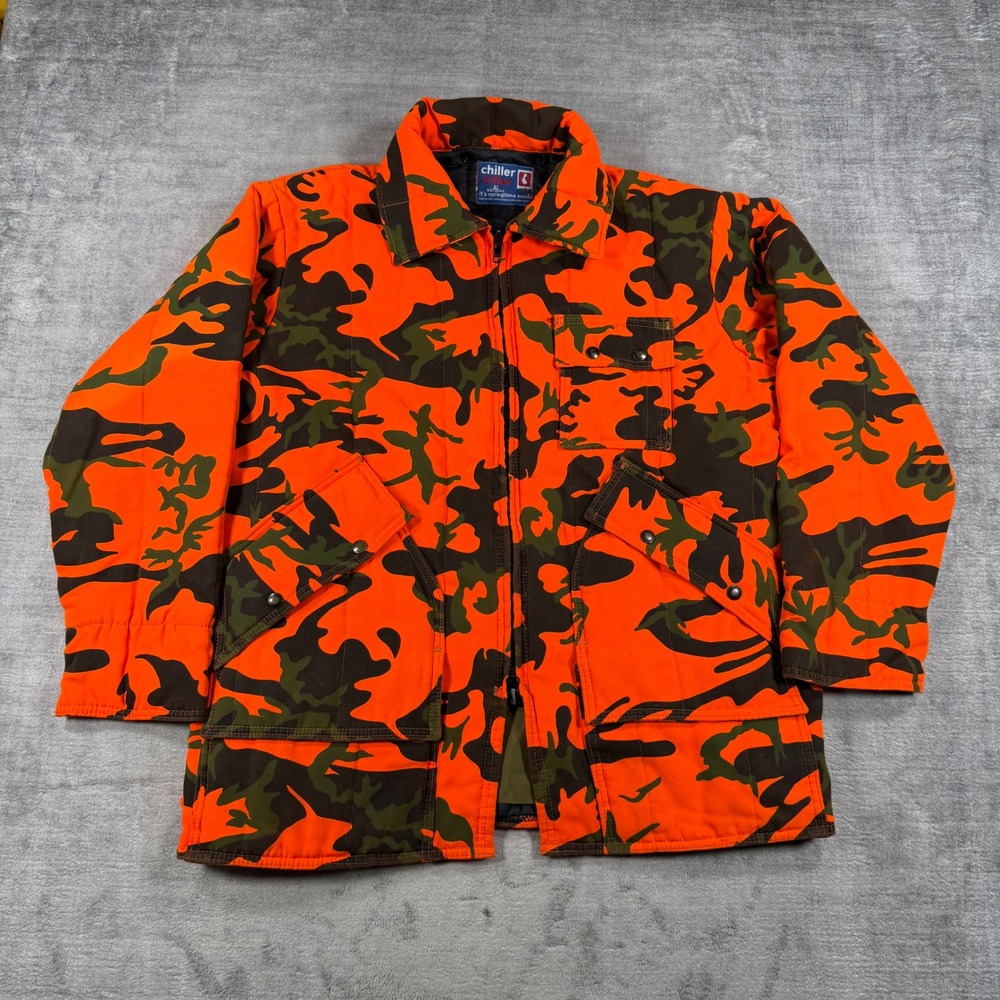 SafTBak Chiller Killer Hunting Jacket Mens XL Orange Vtg Camo Quilted Field Coat